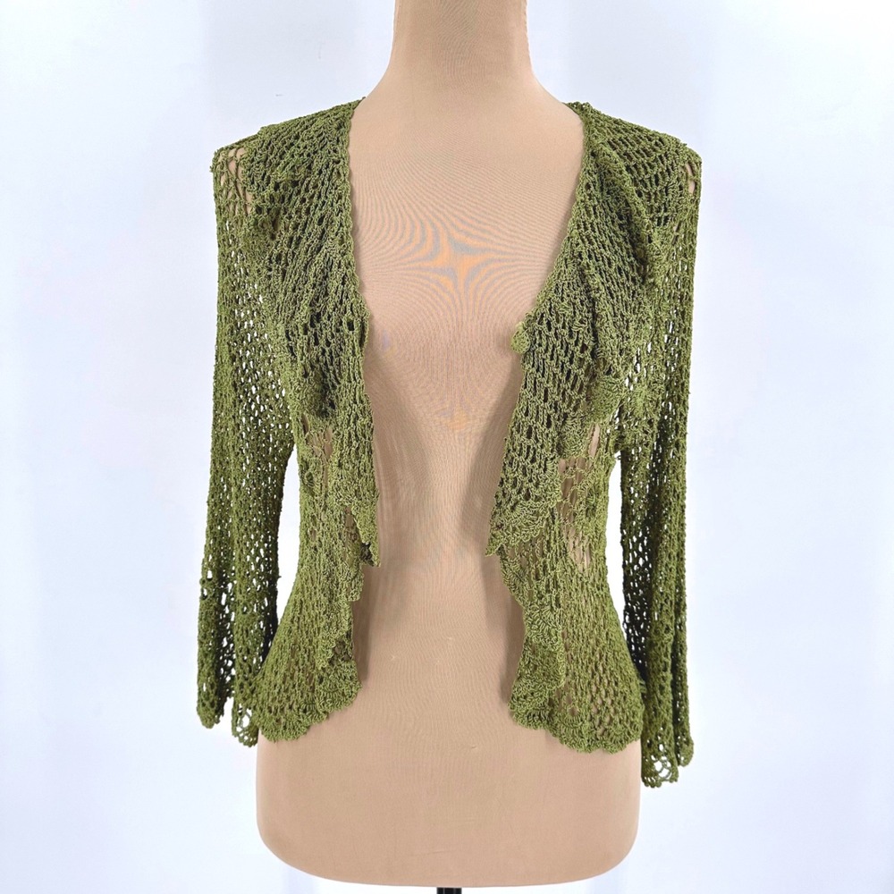 Susan Collection Lime Olive Green Crochet Open Knit Ruffle Cardigan Shrug S/M